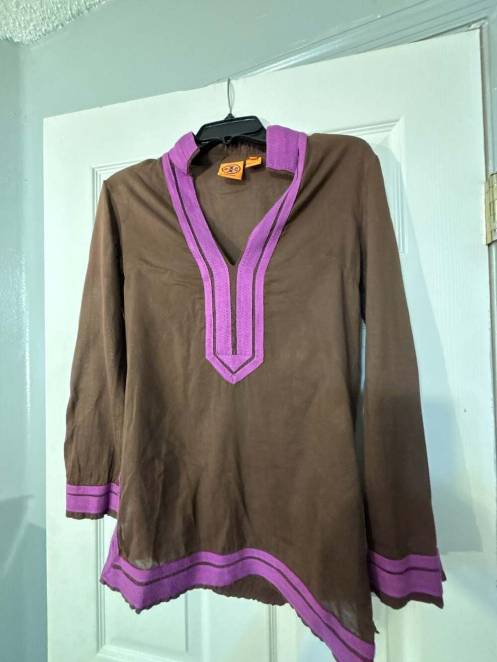 Tory Burch Long Sleeve Semi-Sheer Cotton Tunic Top in Brown and Purple